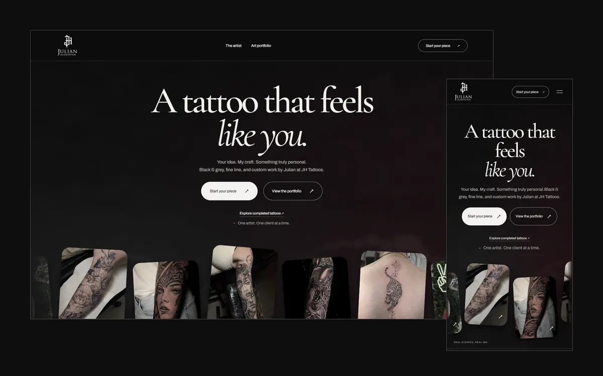 The live JH Tattoos website on desktop and phone, with the headline “A tattoo that feels like you.”
