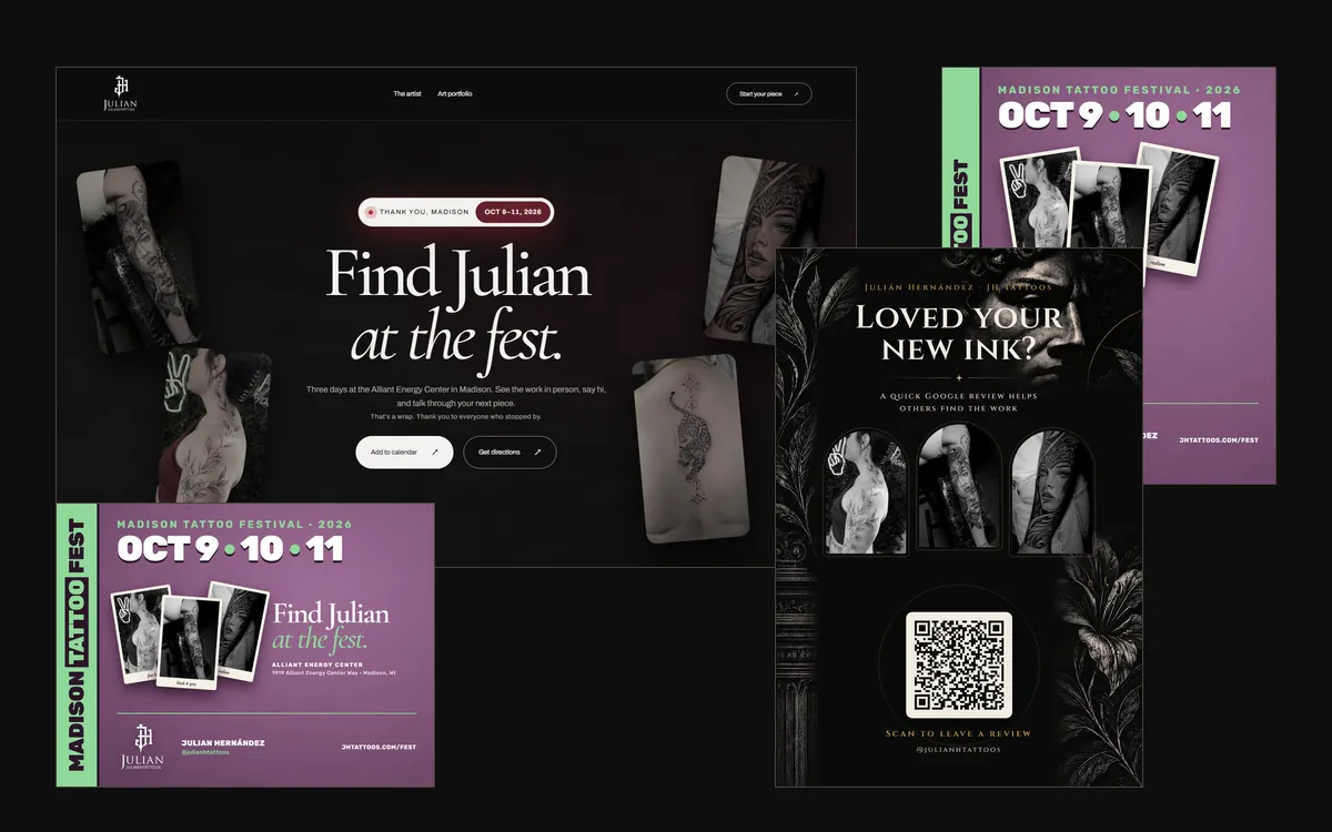 Madison Tattoo Festival kit for JH Tattoos: an event landing page, an Instagram post, a Google Business post, and a table card with a QR code for reviews.