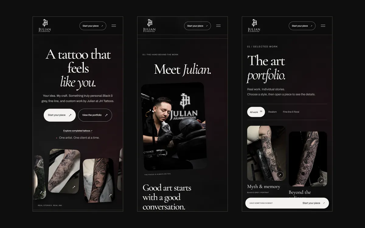 Three phone screens from the JH Tattoos site: the home page, the artist section, and the art portfolio.