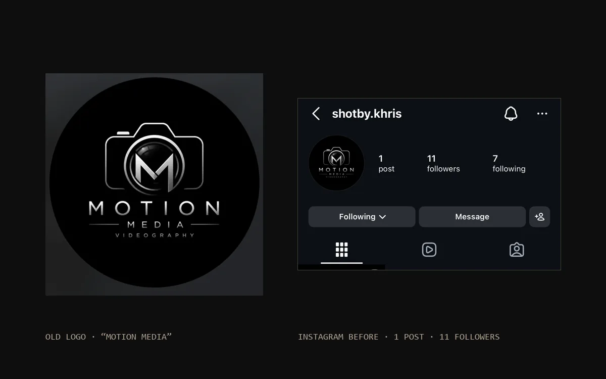 Before: the old Motion Media logo, a camera with an M, and an Instagram profile with 1 post and 11 followers.