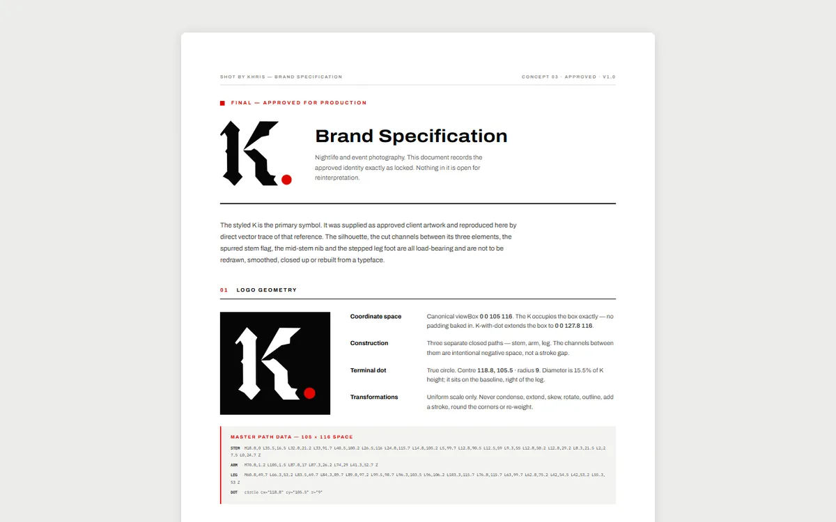 A page of the Shot by Khris brand specification showing the K mark’s geometry and construction.